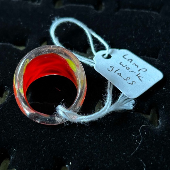 HANDBLOWN GLASS RING, LADIES SZ 9, ORANGE BACKGROUND, BLUE OVALS, YELLOW "X", - Picture 2 of 3